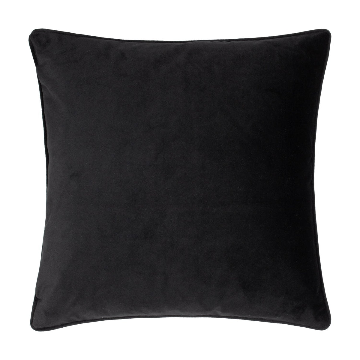 Square cushion in black velvet on the reverse side, shown plain against a white background, from the Hawthorn printed velvet chenille cushion in Ginger.
