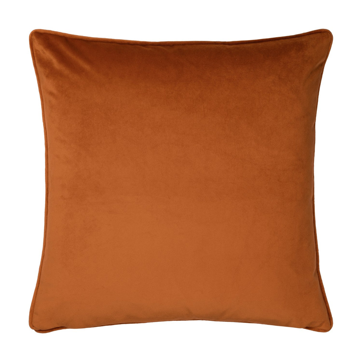 Square velvet cushion in rust orange with piped edging, shown plain-side on a white background, from the Hawthorn printed velvet chenille cushion range.