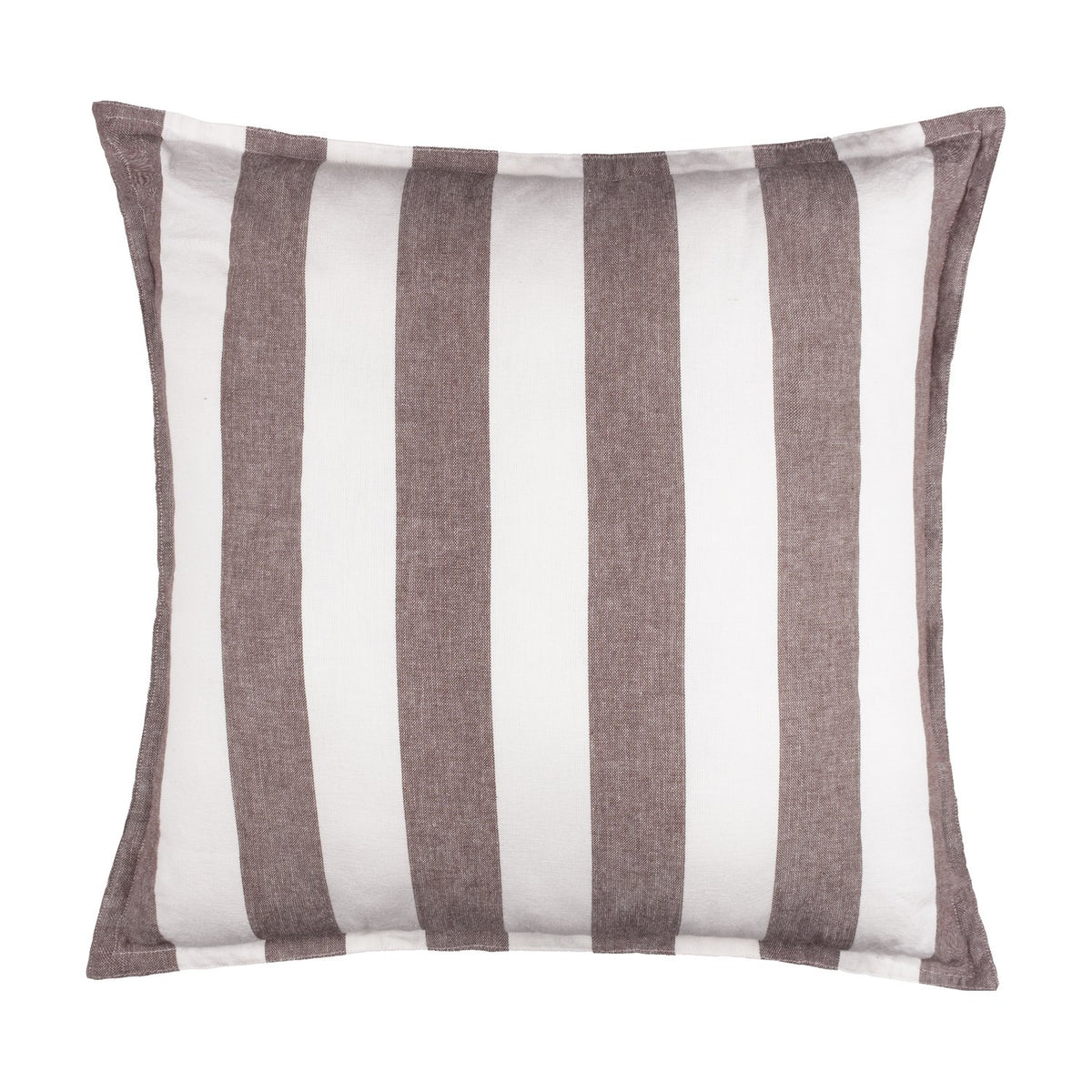 Hayle Reversible Cotton Cushion in Chocolate, a 50x50cm square cushion with wide brown and white striped design, shown against a plain white background.