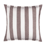 Hayle Reversible Cotton Cushion in Chocolate, a 50x50cm square cushion with wide brown and white striped design, shown against a plain white background.