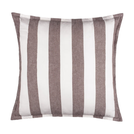 Hayle Reversible Cotton Cushion in Chocolate, a 50x50cm square cushion with wide brown and white striped design, shown against a plain white background.