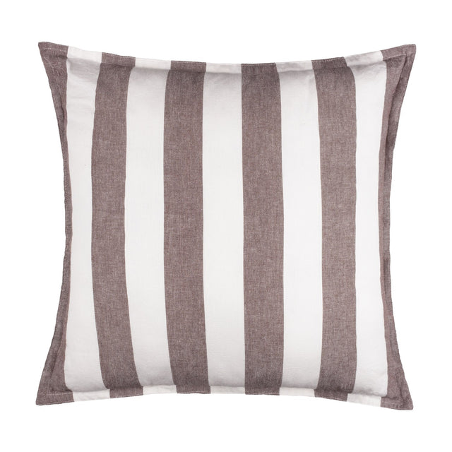 Hayle Reversible Cotton Cushion in Chocolate, a 50x50cm square cushion with wide brown and white striped design, shown against a plain white background.