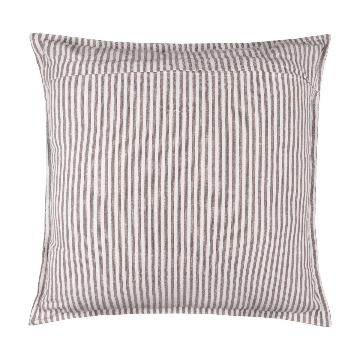 Hayle Reversible Cotton Cushion in Chocolate, 50x50cm square with narrow brown and white stripes, shown on a plain white background.