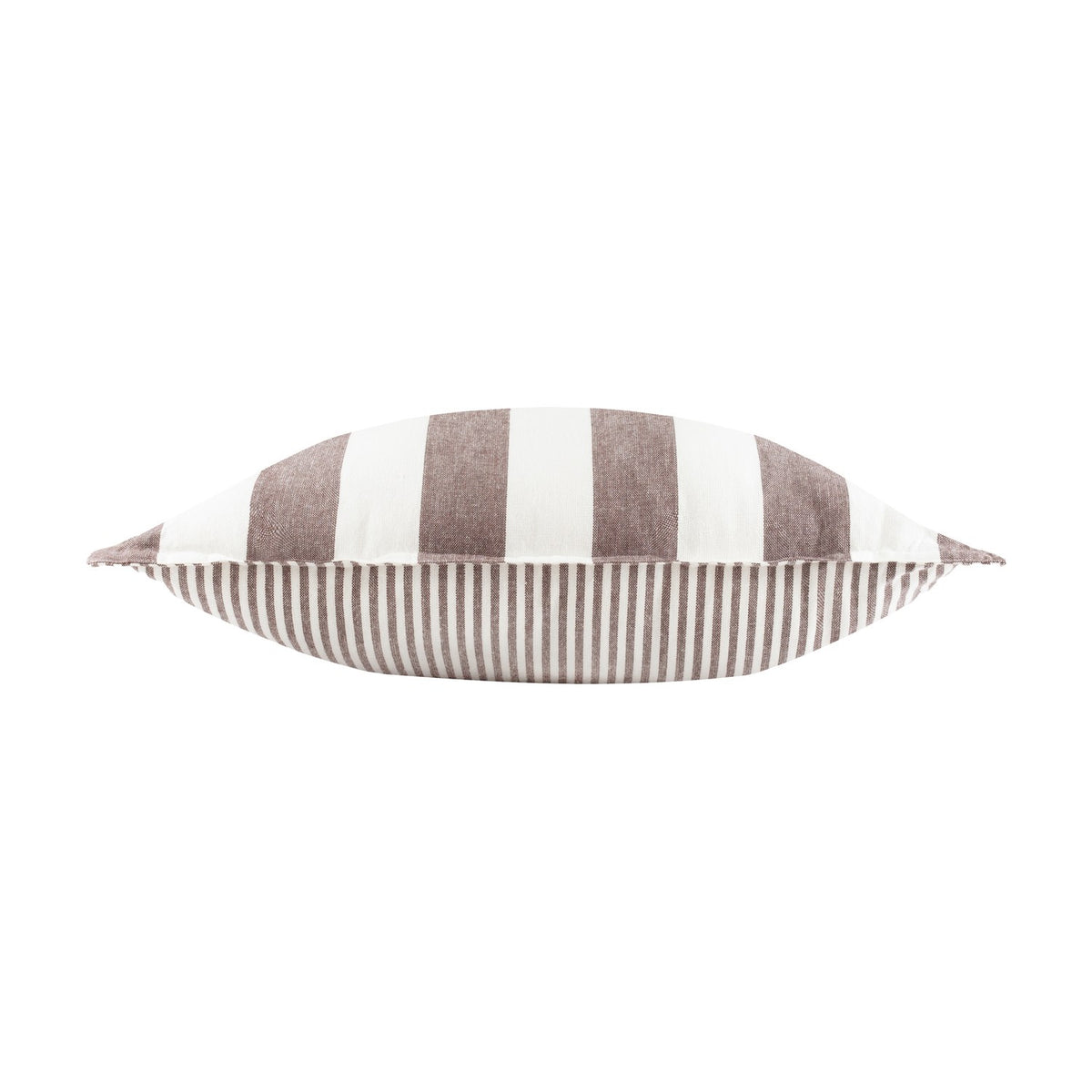 Hayle reversible cotton cushion shown side-on, revealing wide chocolate and white stripes on top and a narrower matching stripe pattern beneath, on a plain white background.