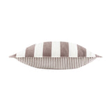 Hayle reversible cotton cushion shown side-on, revealing wide chocolate and white stripes on top and a narrower matching stripe pattern beneath, on a plain white background.