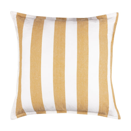 Hayle Reversible Cotton Cushion in Honey, square scatter cushion with wide honey and white vertical stripes, cotton fabric, shown on a plain white background.