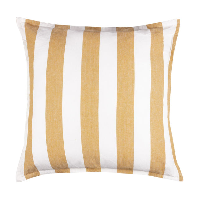 Hayle Reversible Cotton Cushion in Honey, square scatter cushion with wide honey and white vertical stripes, cotton fabric, shown on a plain white background.