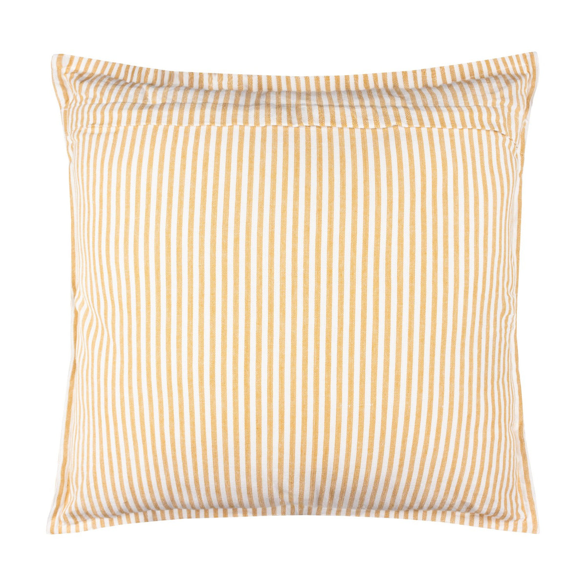 Hayle Reversible Cotton Cushion in honey, square scatter cushion with narrow honey and white stripes, cotton fabric, shown on a plain white background.