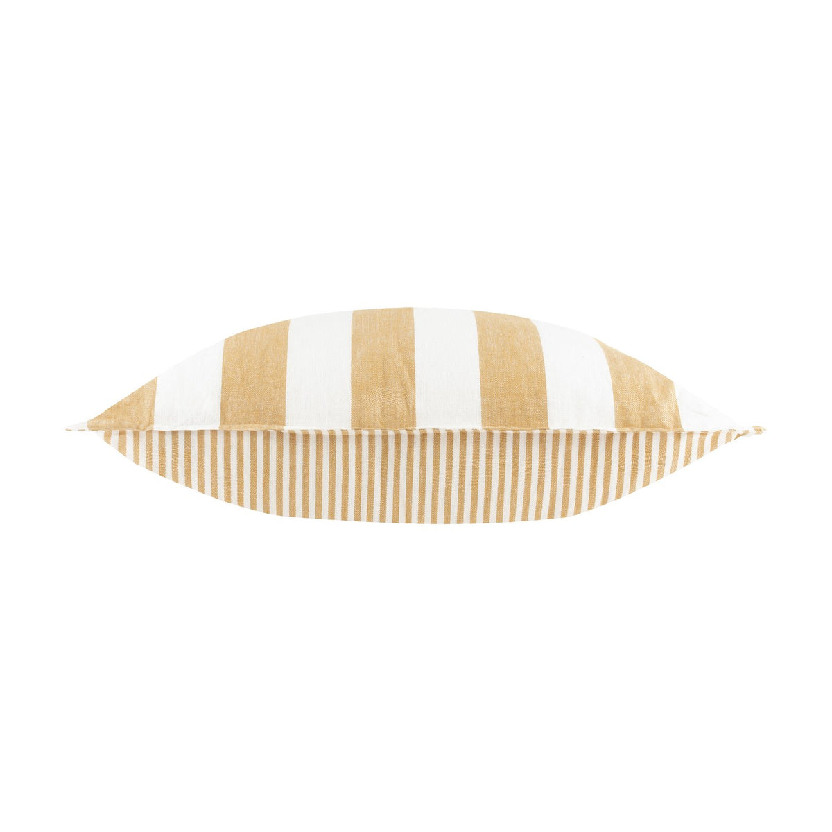 Hayle Reversible Cotton Cushion in honey shown edge-on, with wide honey and white stripes on one side and narrow honey stripes on the reverse, against a plain white background.