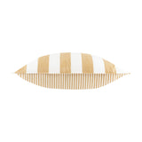 Hayle Reversible Cotton Cushion in honey shown edge-on, with wide honey and white stripes on one side and narrow honey stripes on the reverse, against a plain white background.