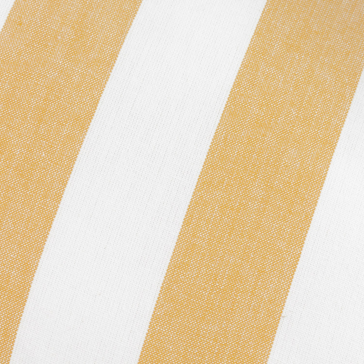 Close-up of the Hayle Reversible Cotton Cushion in Honey, showing wide honey and white striped cotton fabric with a woven textured finish.