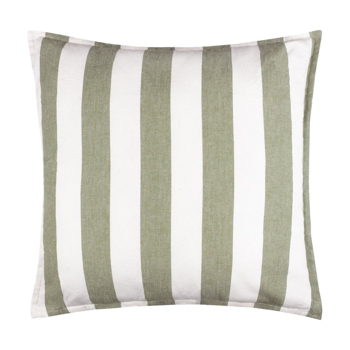 Hayle Reversible Cotton Cushion in Lichen, a square 50x50cm design with bold green and white vertical stripes, shown on a plain white background.