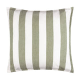 Hayle Reversible Cotton Cushion in Lichen, a square 50x50cm design with bold green and white vertical stripes, shown on a plain white background.