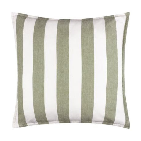 Hayle Reversible Cotton Cushion in Lichen, a square 50x50cm design with bold green and white vertical stripes, shown on a plain white background.