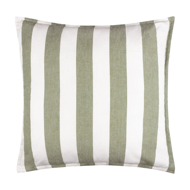 Hayle Reversible Cotton Cushion in Lichen, a square 50x50cm design with bold green and white vertical stripes, shown on a plain white background.