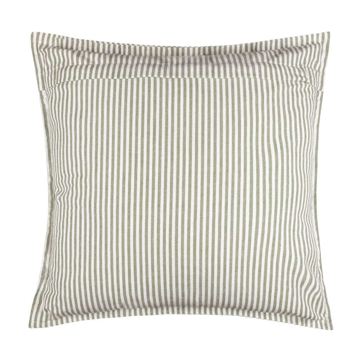 Hayle Reversible Cotton Cushion in Lichen, square 50x50cm with narrow green pinstripes on a white ground, shown on a plain background.