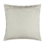 Hayle Reversible Cotton Cushion in Lichen, square 50x50cm with narrow green pinstripes on a white ground, shown on a plain background.
