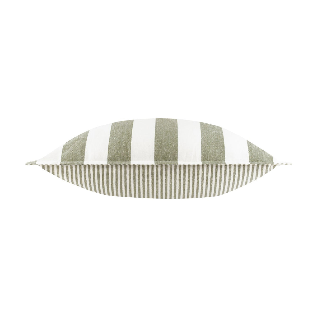 Hayle reversible cotton cushion in lichen green shown side-on, with wide green and white stripes on one face and narrow pinstripes on the reverse, on a white background.