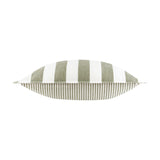 Hayle reversible cotton cushion in lichen green shown side-on, with wide green and white stripes on one face and narrow pinstripes on the reverse, on a white background.