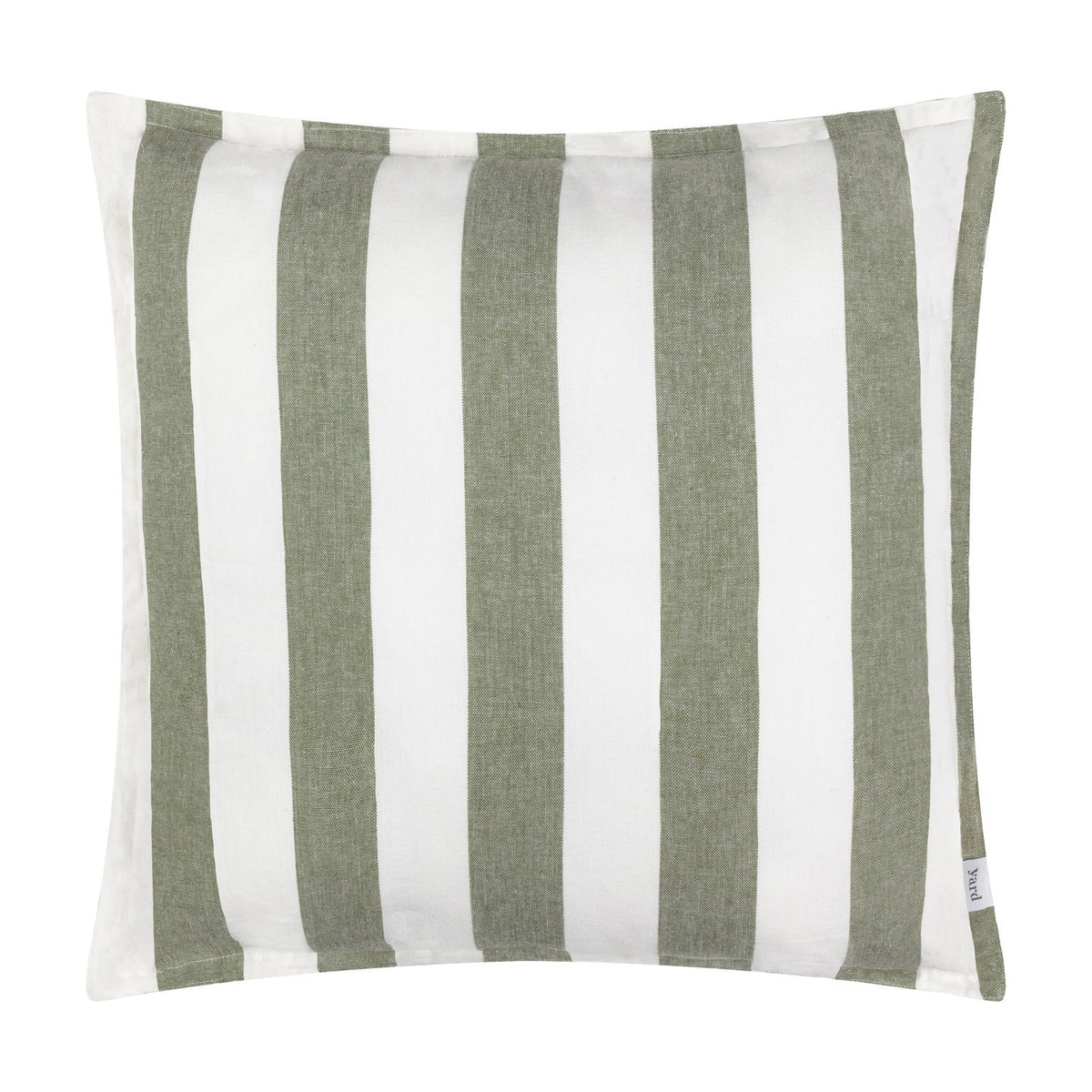 Hayle Reversible Cotton Cushion in moss green, 50 x 50cm square with bold wide vertical stripes on a white ground, shown against a plain white background.