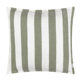Hayle Reversible Cotton Cushion in moss green, 50 x 50cm square with bold wide vertical stripes on a white ground, shown against a plain white background.