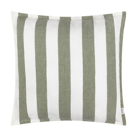 Hayle Reversible Cotton Cushion in moss green, 50 x 50cm square with bold wide vertical stripes on a white ground, shown against a plain white background.