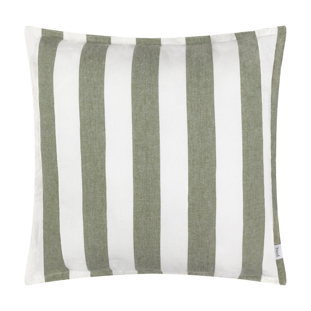 Hayle Reversible Cotton Cushion in moss green, 50 x 50cm square with bold wide vertical stripes on a white ground, shown against a plain white background.
