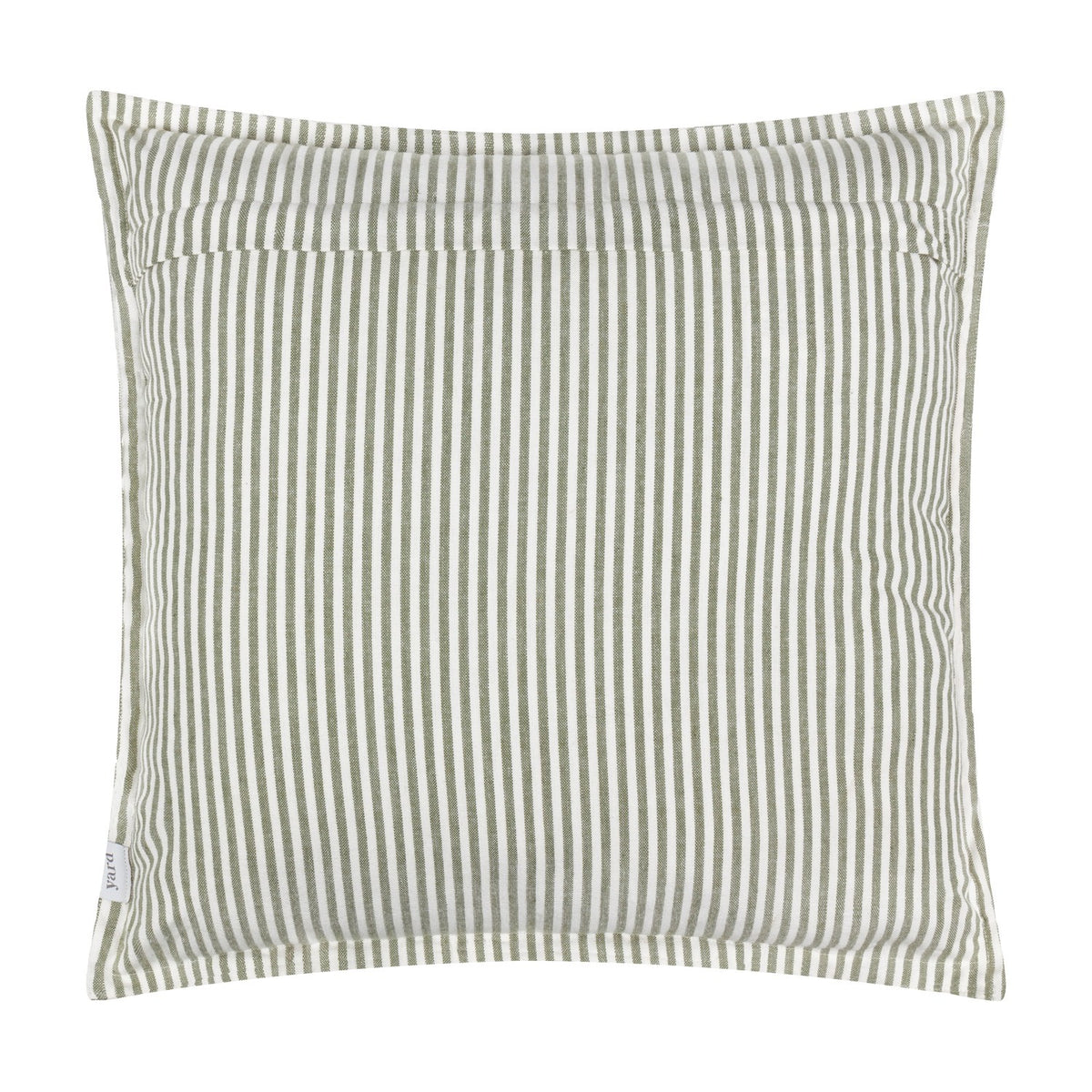 Hayle Reversible Cotton Cushion in moss green, showing the narrow pinstripe reverse side with a visible zip opening, on a plain white background.