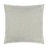 Hayle Reversible Cotton Cushion in moss green, showing the narrow pinstripe reverse side with a visible zip opening, on a plain white background.
