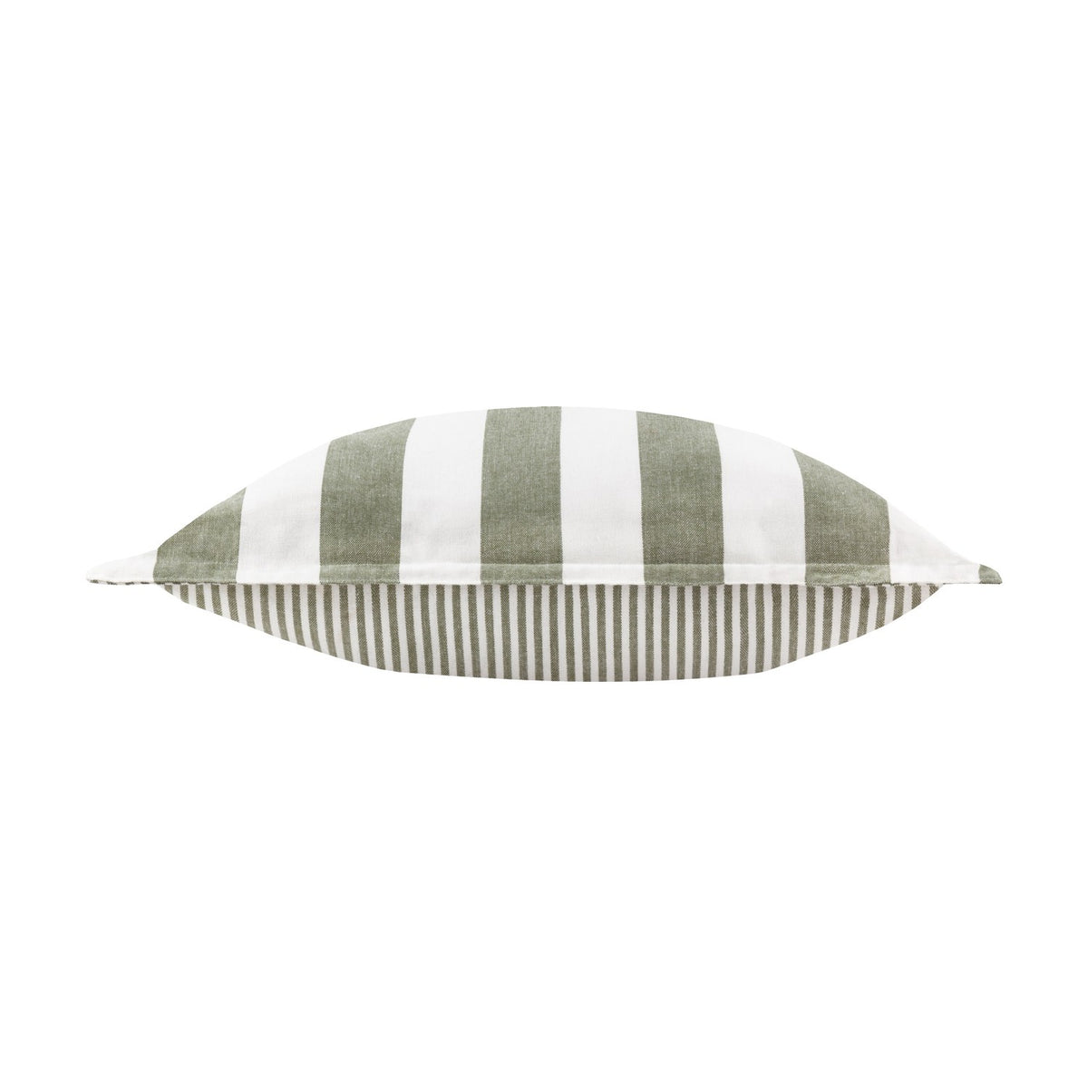 Hayle Reversible Cotton Cushion in Moss, shown edge-on with wide moss green and white stripes on one side and narrow pinstripes on the other, against a plain white background.