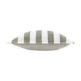 Hayle Reversible Cotton Cushion in Moss, shown edge-on with wide moss green and white stripes on one side and narrow pinstripes on the other, against a plain white background.