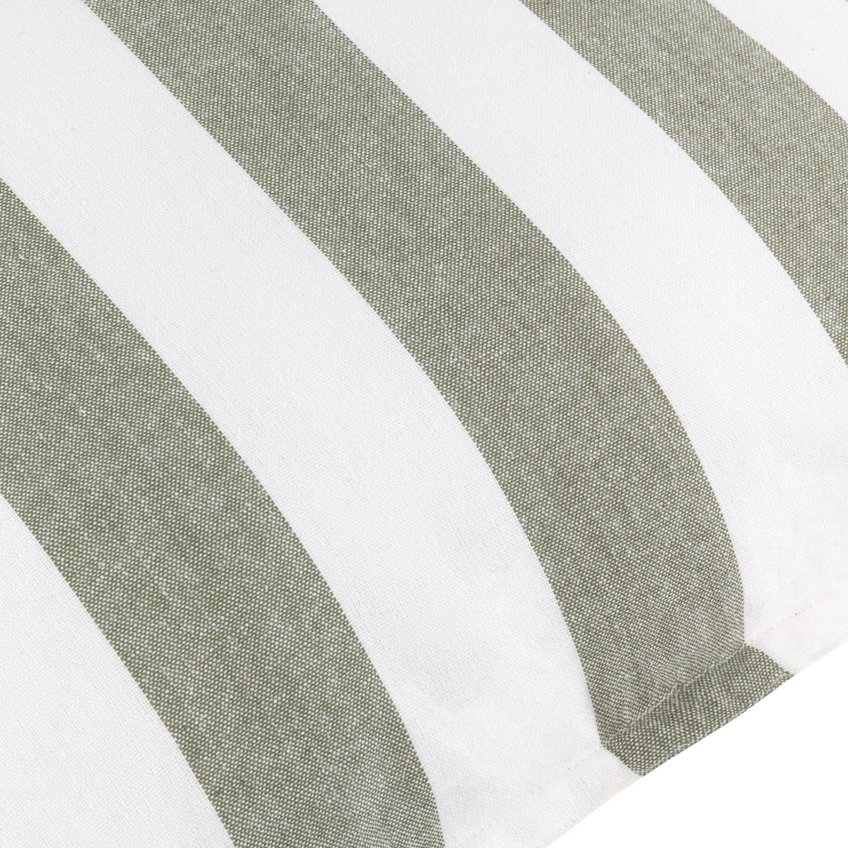 Close-up of the Hayle Reversible Cotton Cushion in moss, showing the bold wide stripe side in moss green and white cotton fabric with corner seam detail.