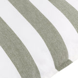 Close-up of the Hayle Reversible Cotton Cushion in moss, showing the bold wide stripe side in moss green and white cotton fabric with corner seam detail.