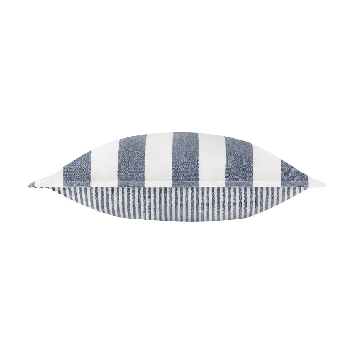 Hayle Reversible Cotton Cushion in navy, shown side-on with wide navy-and-white stripes on one edge and narrow pinstripes on the reverse, against a plain white background.