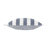 Hayle Reversible Cotton Cushion in navy, shown side-on with wide navy-and-white stripes on one edge and narrow pinstripes on the reverse, against a plain white background.