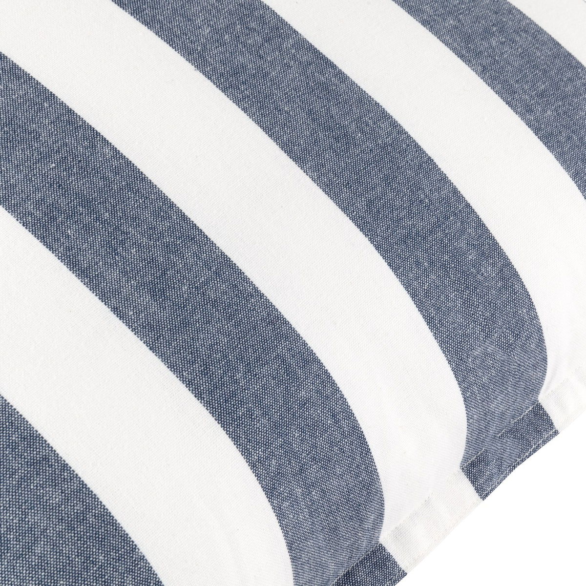 Close-up of the Hayle Reversible Cotton Cushion in navy, showing bold wide navy-and-white stripes and the cotton weave texture with a visible edge seam.