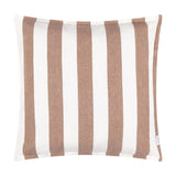 Hayle Reversible Cotton Cushion in Pecan, square with bold wide brown and white vertical stripes, cotton fabric, shown on a plain white background.