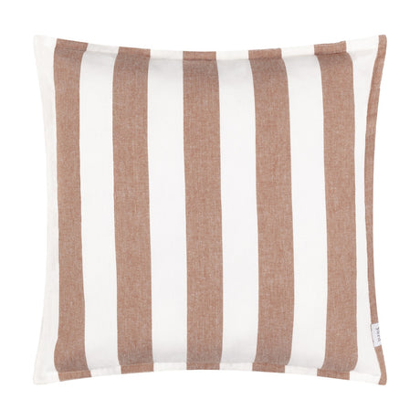 Hayle Reversible Cotton Cushion in Pecan, square with bold wide brown and white vertical stripes, cotton fabric, shown on a plain white background.