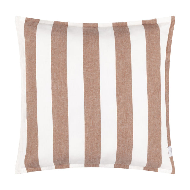 Hayle Reversible Cotton Cushion in Pecan, square with bold wide brown and white vertical stripes, cotton fabric, shown on a plain white background.