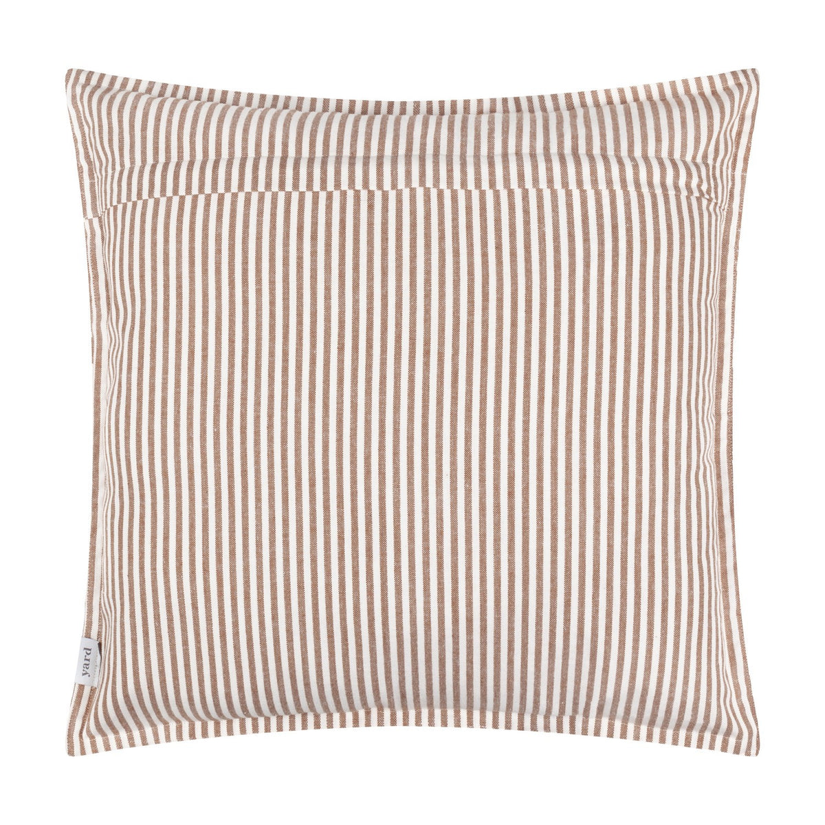 Hayle Reversible Cotton Cushion in Pecan, square with narrow pecan brown and white pinstripe pattern, shown on a plain white background.