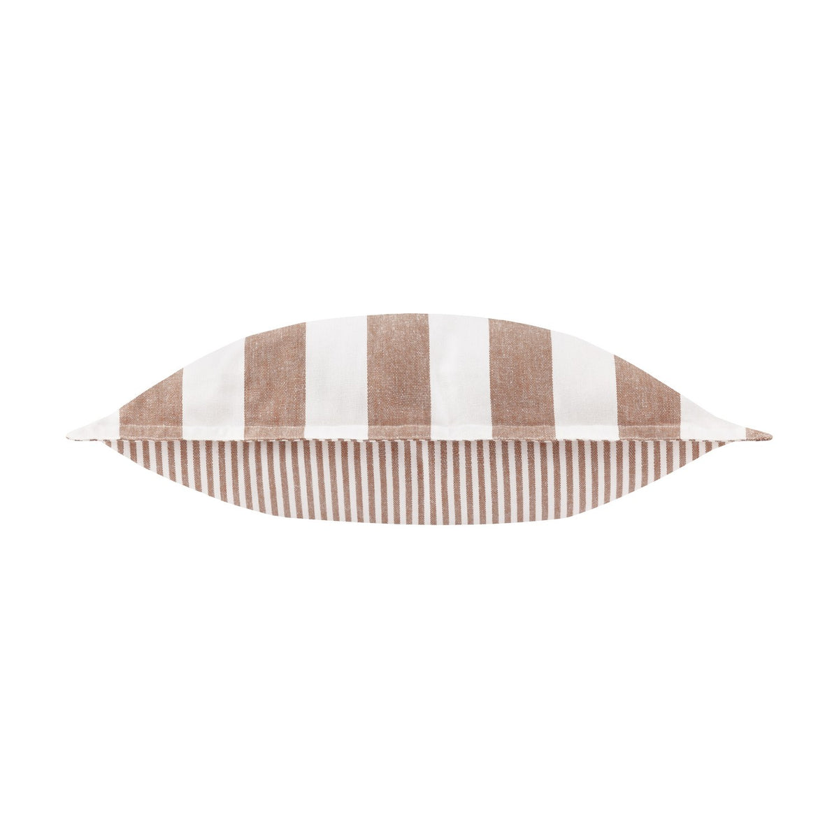 Hayle Reversible Cotton Cushion in pecan, shown edge-on with wide pecan-brown and white stripes on one side and a fine pinstripe on the reverse, set against a plain white background.