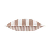 Hayle Reversible Cotton Cushion in pecan, shown edge-on with wide pecan-brown and white stripes on one side and a fine pinstripe on the reverse, set against a plain white background.