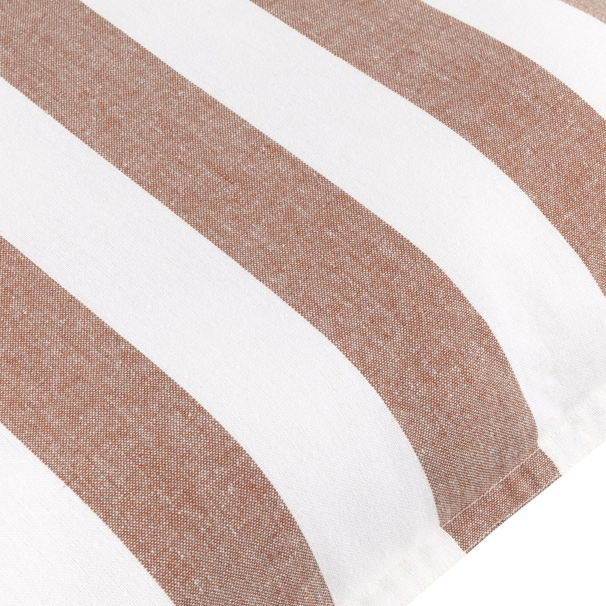 Close-up of the Hayle reversible cotton cushion in pecan, showing bold wide stripes in warm brown and white cotton fabric with visible weave texture.