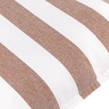 Close-up of the Hayle reversible cotton cushion in pecan, showing bold wide stripes in warm brown and white cotton fabric with visible weave texture.