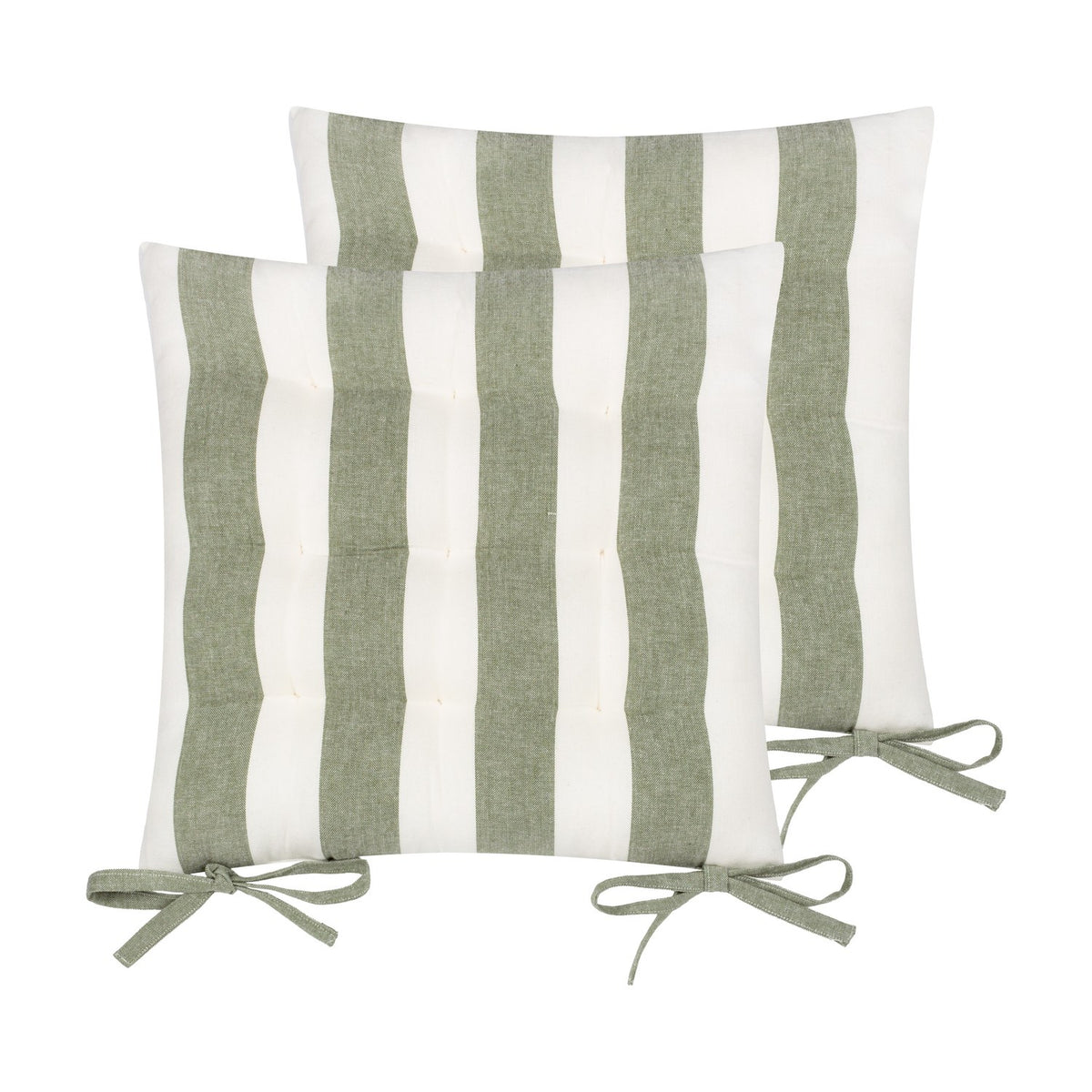 Hayle Reversible Cotton Seat Pads in moss green and cream stripe, tufted square cushions with matching fabric ties, shown in a pair on a plain white background.