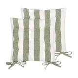 Hayle Reversible Cotton Seat Pads in moss green and cream stripe, tufted square cushions with matching fabric ties, shown in a pair on a plain white background.