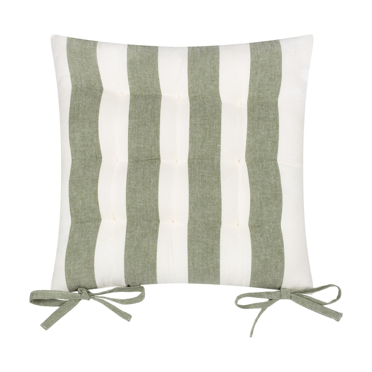 Hayle Reversible Cotton Seat Pad in moss green and cream broad stripe with tufted centre and tie fastenings, shown on a plain white background.