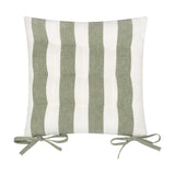 Hayle Reversible Cotton Seat Pad in moss green and cream broad stripe with tufted centre and tie fastenings, shown on a plain white background.