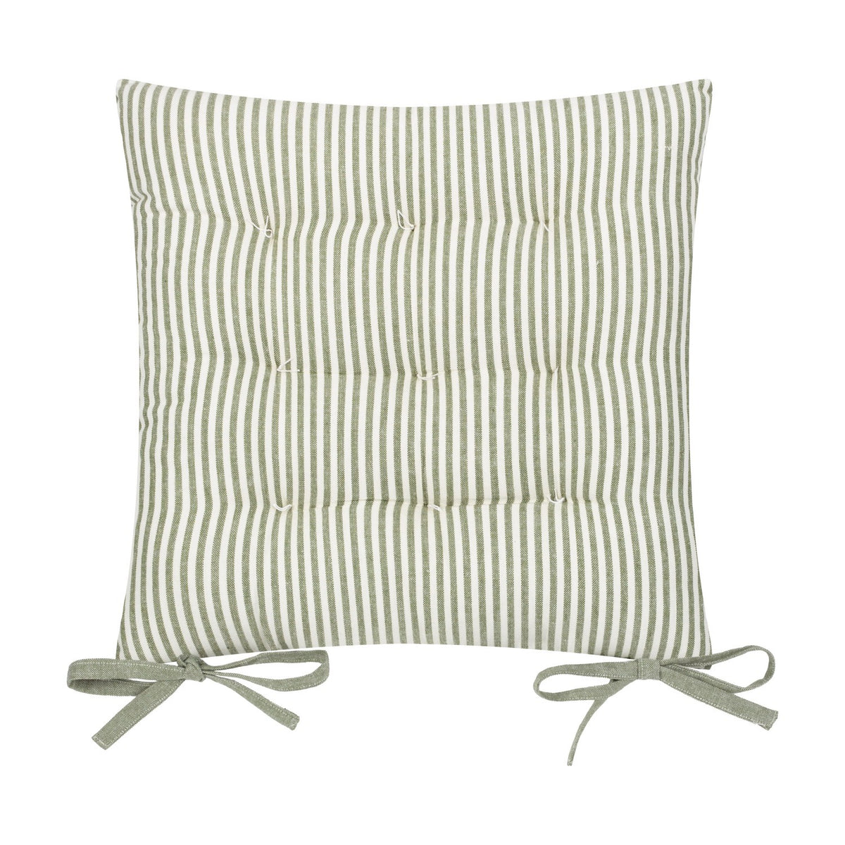 Hayle Reversible Cotton Seat Pad in moss green and cream fine stripe, tufted square cushion with matching fabric ties, shown on a plain white background.