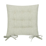 Hayle Reversible Cotton Seat Pad in moss green and cream fine stripe, tufted square cushion with matching fabric ties, shown on a plain white background.